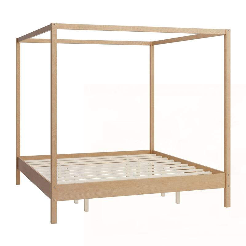 Solid Wood Canopy Bed Frame Four Poster Platform Bed with Slats Support