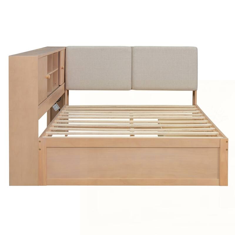 L-shaped Daybed Corner Bed with Storage Bookcase and USB Charging Ports