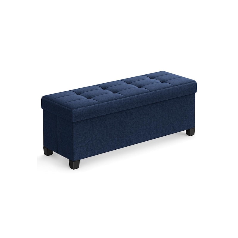 Fabric Upholstered 43" Wide Small Storage Ottoman with Wooden Legs and Tufted Lid