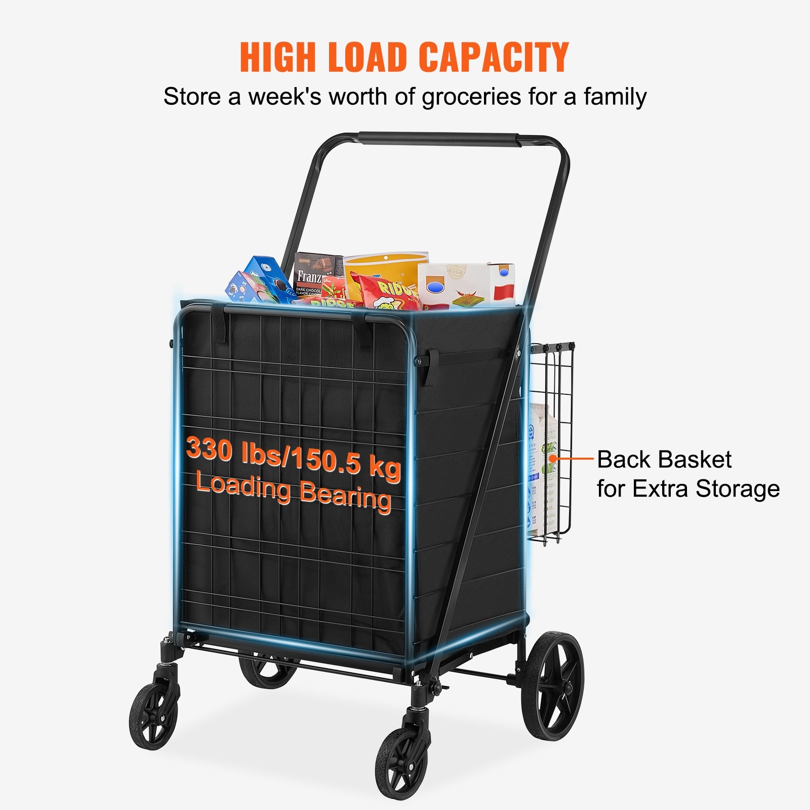 VEVOR Folding Shopping Cart Jumbo Grocery Cart with Double Baskets 360 Swivel Wheels Heavy Duty Utility Cart 110 Lbs Large Capacity Utility Cart
