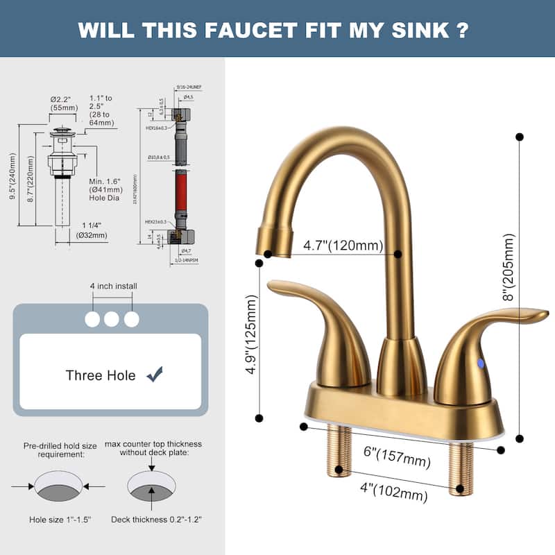 WOWOW 4 in. Centerset Double Handle High Arc Bathroom Faucet