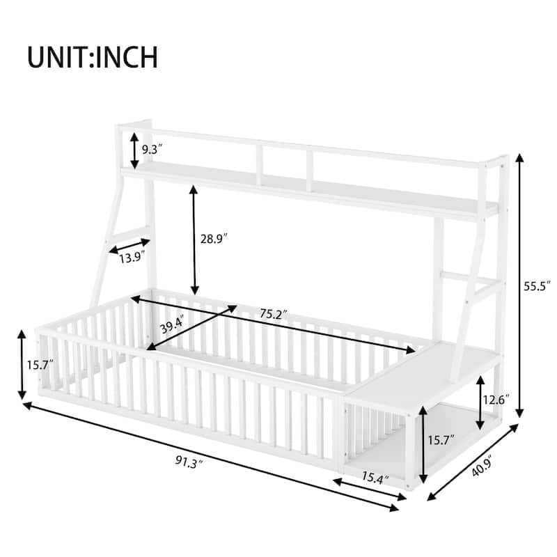 Twin Size Floor Bed Frame with Safety Fence, Metal Floor Bed with Desk and Storage Shelves, Playhouse for Kids, White