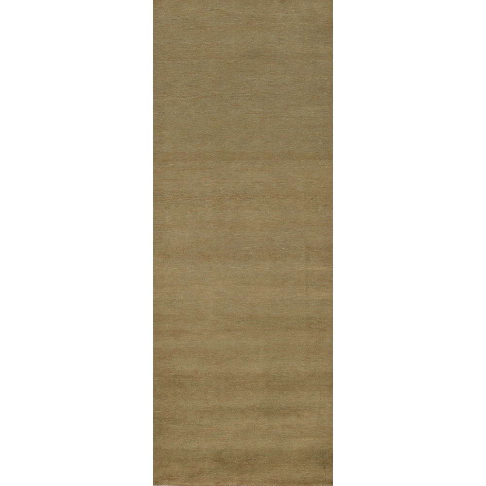 Hand Knotted Oriental 100% Wool Carpet Modern Solid Green Gabbeh Runner Rug - 10' 1'' X 3' 0''