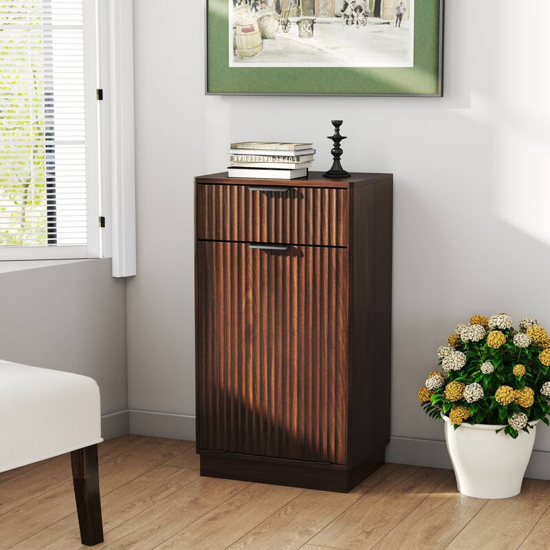 10-Gallon Woodgrain Tilt-Out Trash Can Cabinet Wooden Garbage Recycling Cabinet with Wave-Textured Hideaway Drawer&Pull-Out Bin