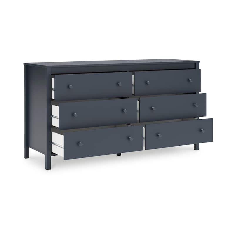 Cian Wide Dresser, 6 Drawers, Knob Handles, Navy Blue Wood, 61 Inch