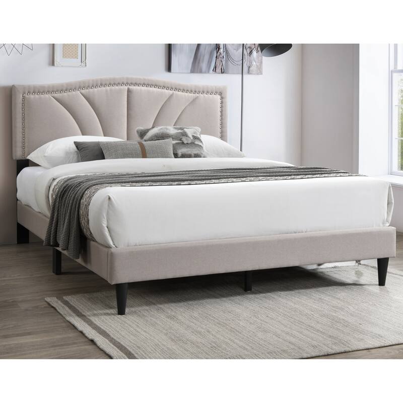 Queen Size Light Brown Burlap Fabric Platform Bed with Nailhead Trim Headboard