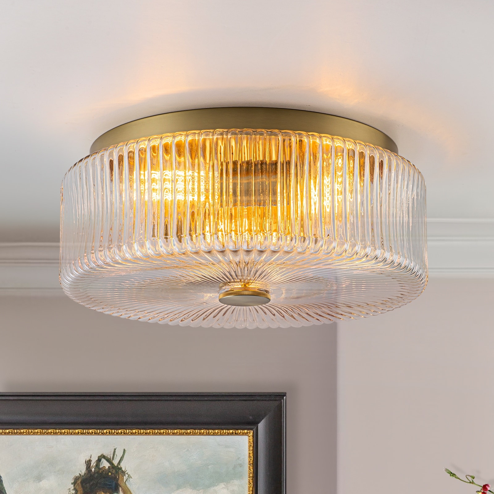 Mid-Century Modern Gold 3-Light Ribbed Glass Drum Flush Mount Ceiling Light