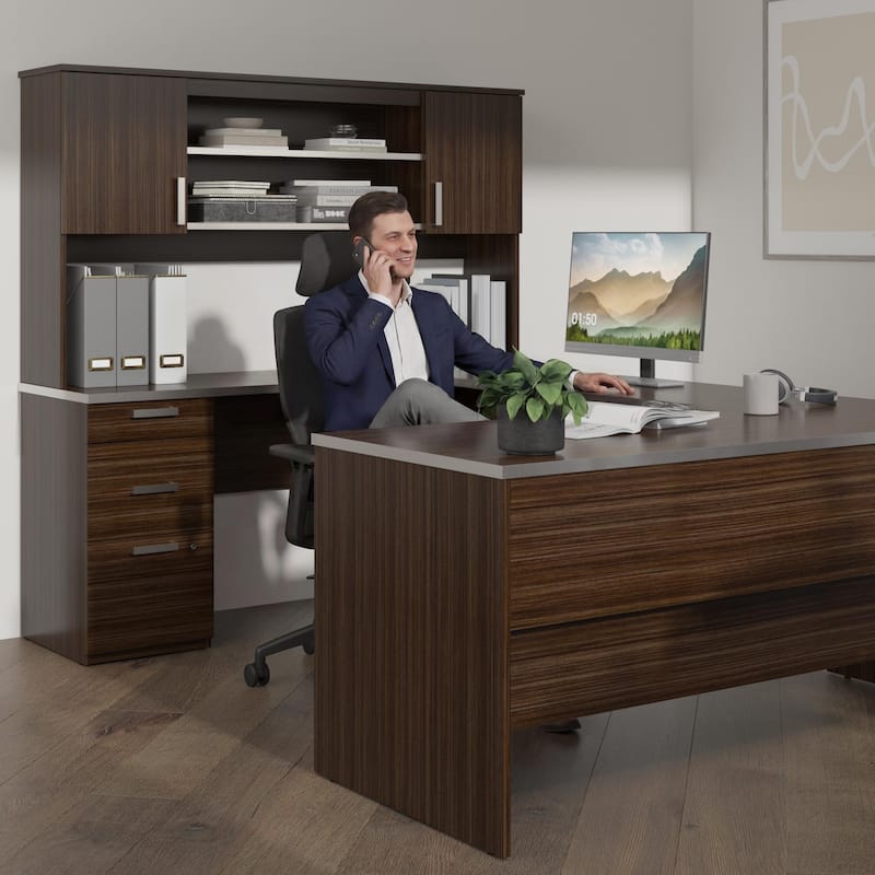 Bestar Ridgeley U-Shaped Office Desk with Cabinet and Hutch