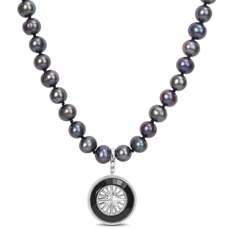 Miadora 7-7.5mm Black Cultured Freshwater Pearl and Black Agate Men's Necklace in Sterling Silver