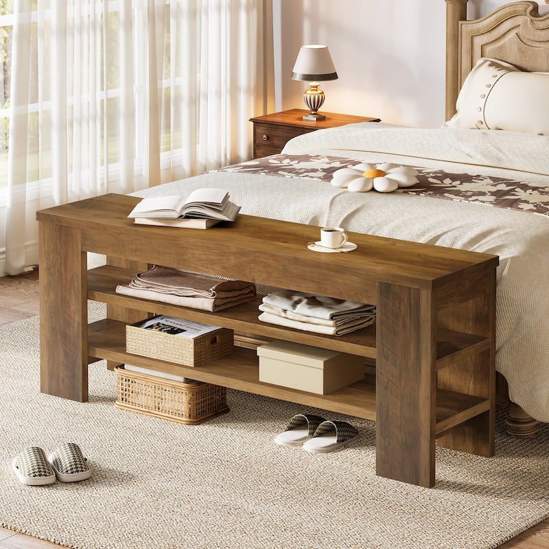 47'' Rustic Brown Wood 3-Tier Shoe Bench with Open Storage, Entryway Bench
