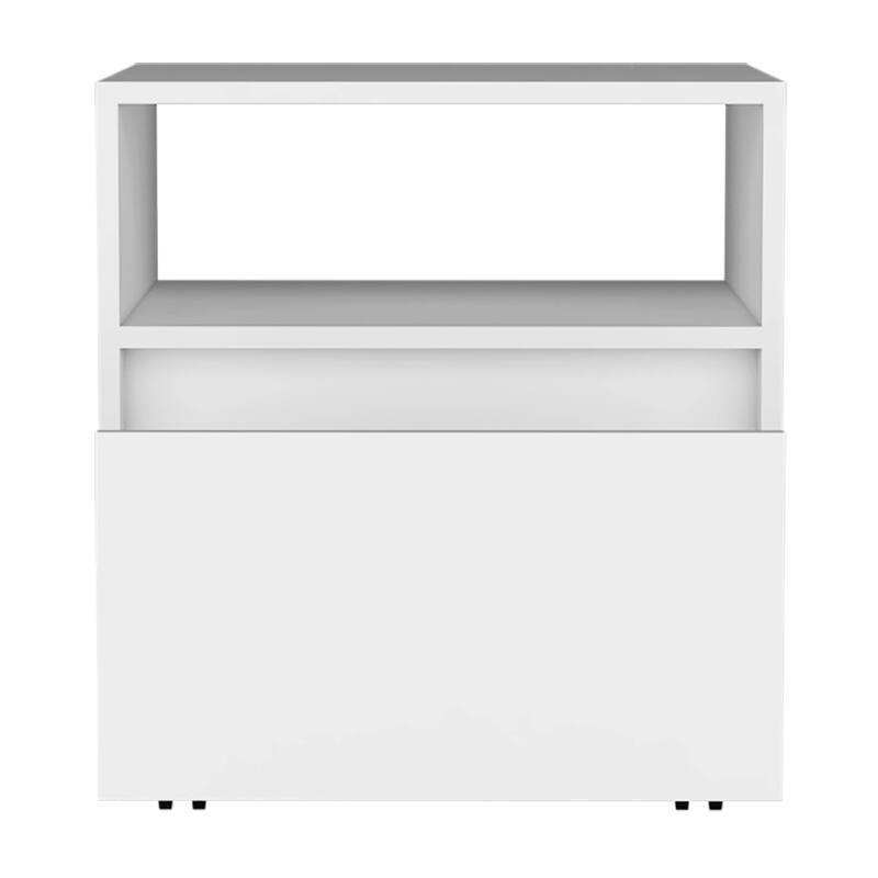 Mobile Nightstand with Drawer, Open Shelf, and Casters in White