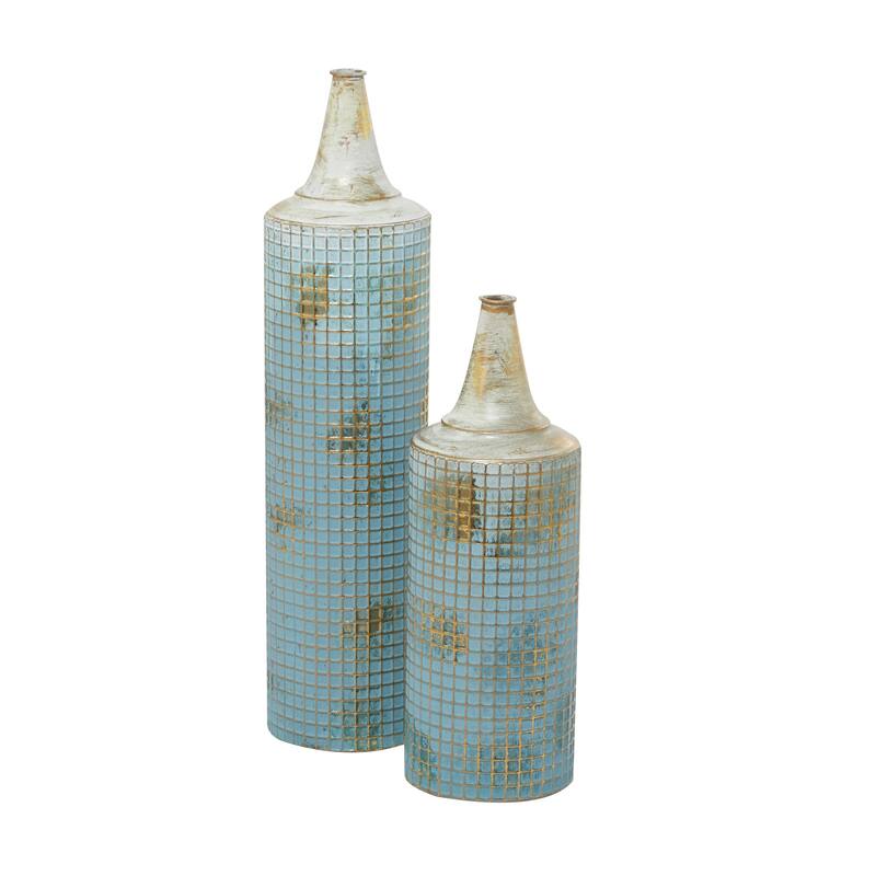 Blue Metal Distressed Tall Geometric Decorative Vase with Grid Pattern and Gold Accents (Set of 2)