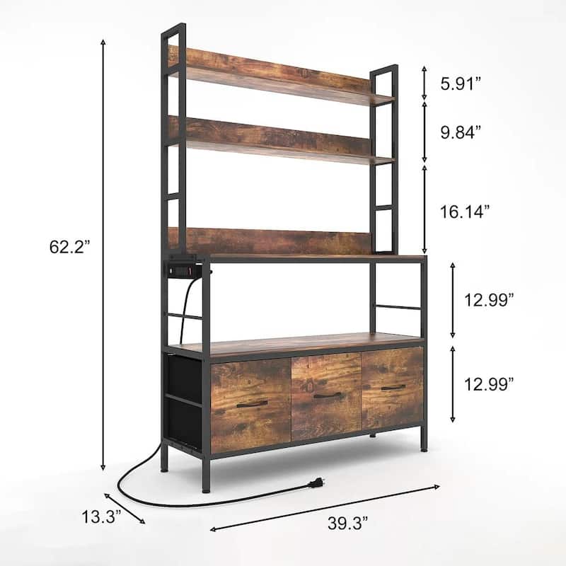 Kitchen Storage Rack with 4 Wooden Shelves Drawers and Baskets USB Ports and Microwave Shelf - 62.2'' H x 39.3'' W x 13.3'' D