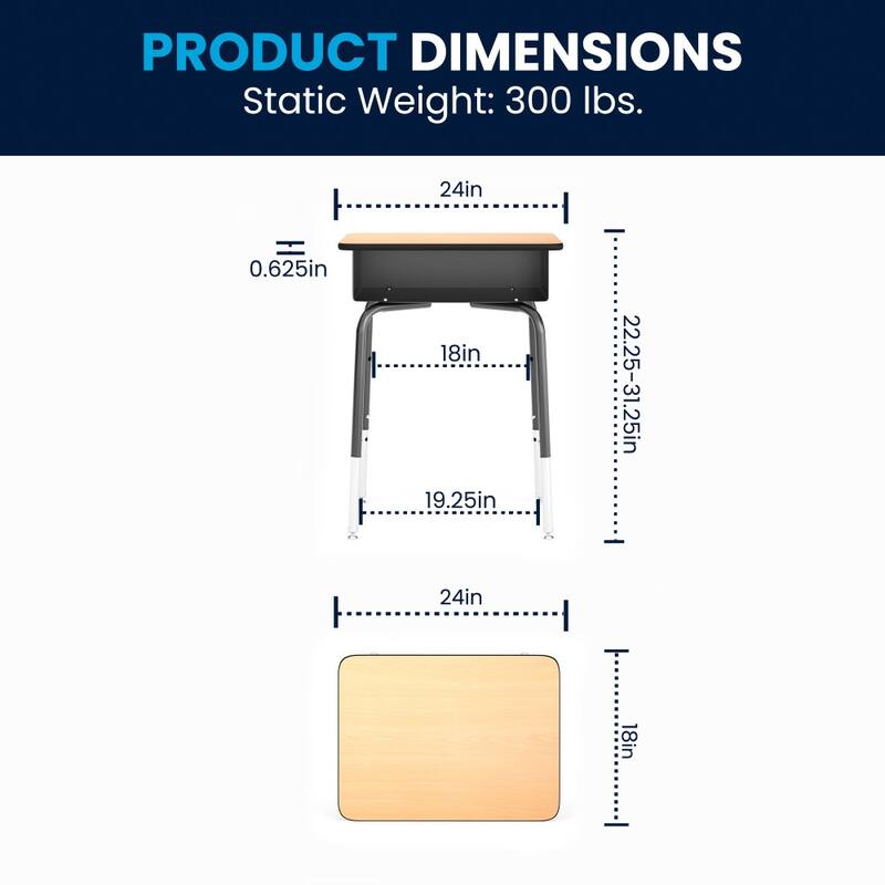 5 Pack Student Desks with Open Front Metal Book Boxes - School Desk - 24"W x 18"D x 22.25" - 31.25"H