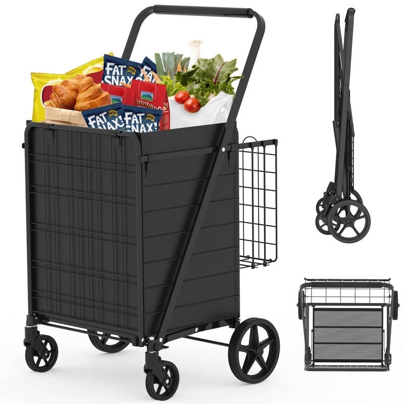 Double Basket Folding Grocery Cart ,Heavy Duty 360° Wheels - Black