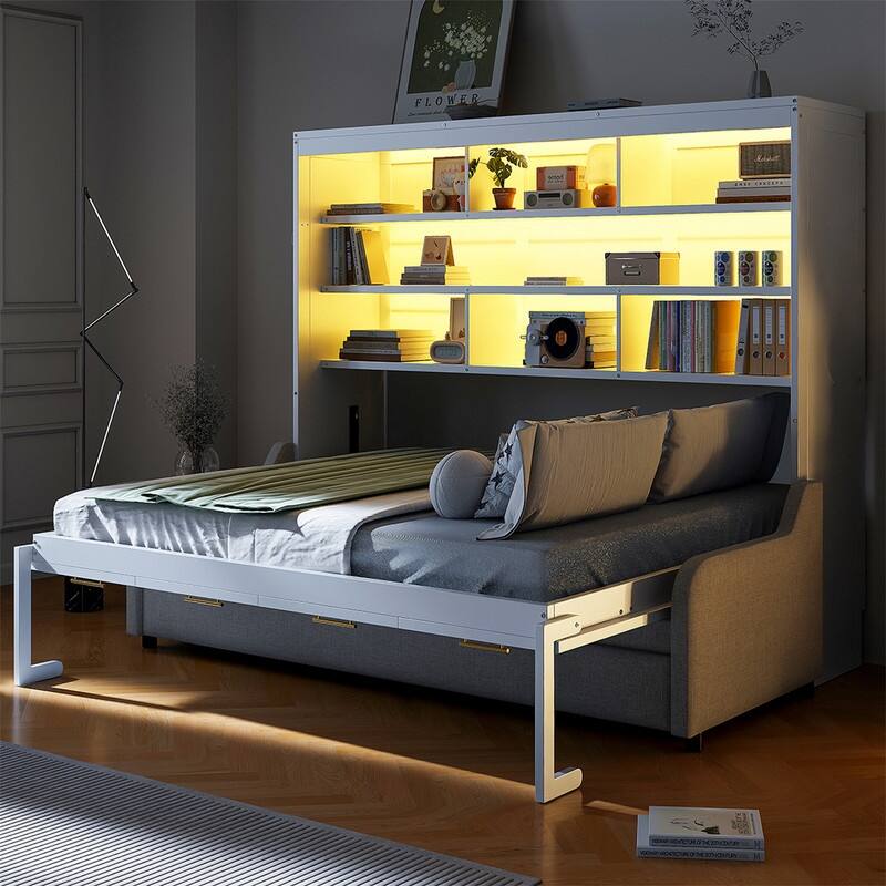 Full/Queen Size Murphy Wall Bed with LED Light and Folding Sofa, Space Saving Design Murphy Cbainet Bed wiht Storage Shelves - Full