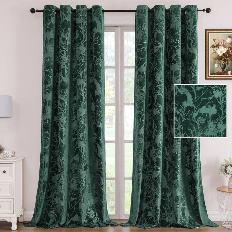 Bedroom Thermal Insulating Birds and Lotus Floral Pattern Curtains 96 Inches