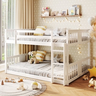 Low Bunk Beds Full Over Full Wood Bunk Bed Frame Floor Bunkbed for Kids Toddlers Boys Girls Teens' Bedroom Dorm