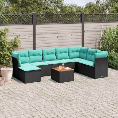 vidaXL 9 Piece Patio Sofa Set with Cushions Black Poly Rattan - 24.4 x 24.4 x 27.2
