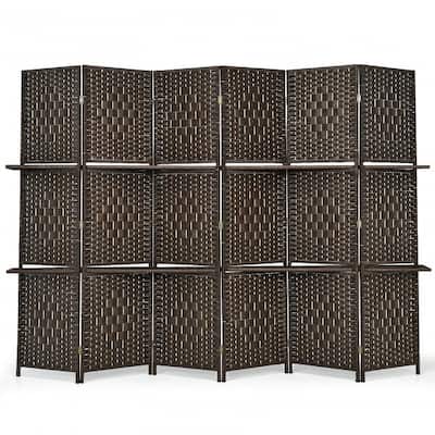 6 Panel Folding Weave Fiber Multipurpose Room Divider with 2 Display Shelves - 95" x 71" (L x H)