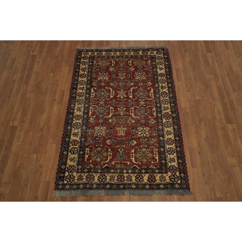 Hand Knotted Oriental 100% Wool Carpet Traditional Geometric Red Super Kazak Area Rug - 5' 7'' X 3' 9''