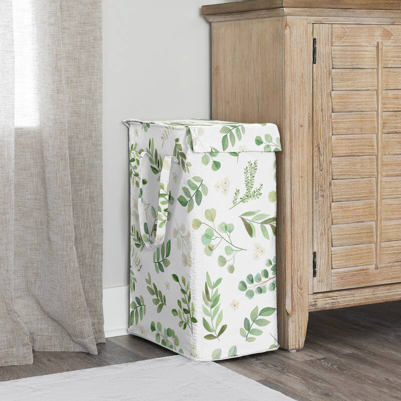 Sweet Jojo Designs Green Boho Floral Leaf Boy Girl Gender Neutral Foldable Laundry Hamper with Handles White Bohemian Watercolor