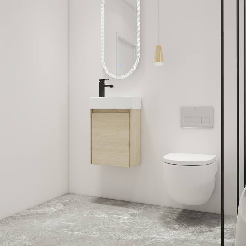 Malwee 16"/18" Floating Bathroom Vanity, Mini Wall Mounted Bathroom Vanity with Ceramic Sink and Soft Close Door