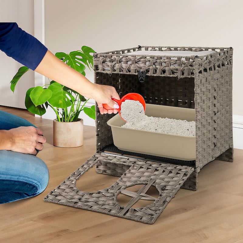 Costway Foldable 2-tier Rattan Cat Litter Box Enclosure with Litter - See Details