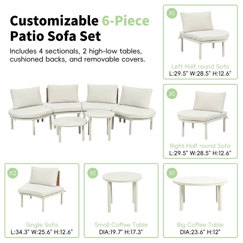 6/8-Piece Half Moon PE Wicker Patio Sectional Set with Dual Coffee Tables