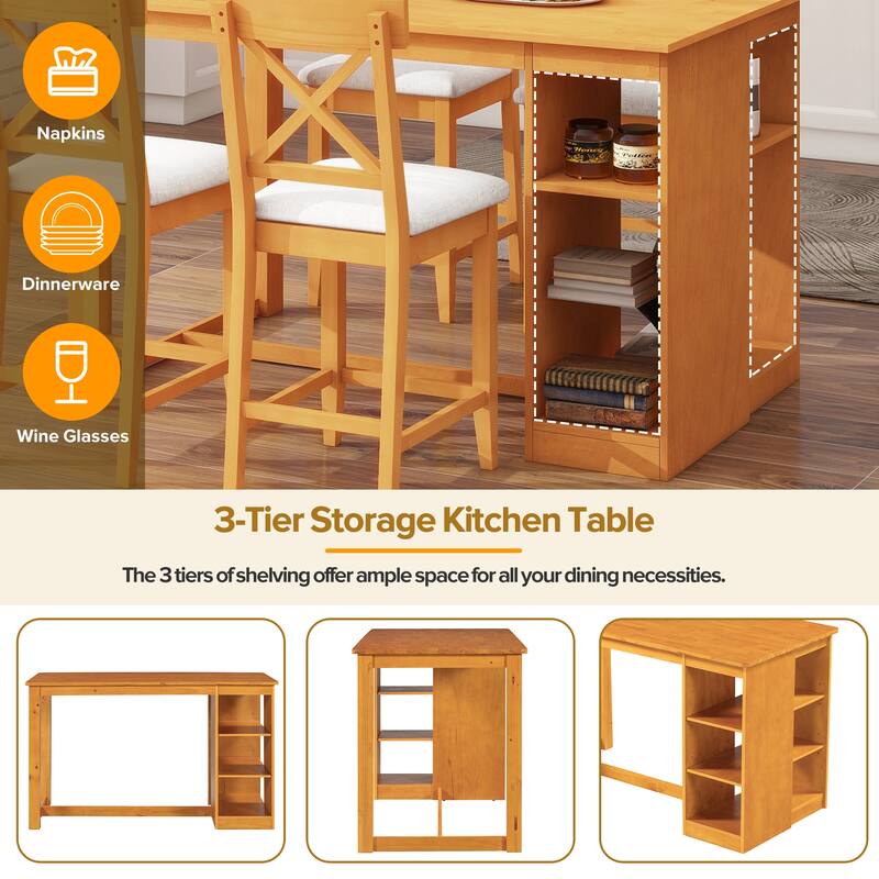 60"x30" Solid Wood Farmhouse 5-Piece Dining Set with Storage Shelves & Counter-Height Table, 4 Upholstered Chairs