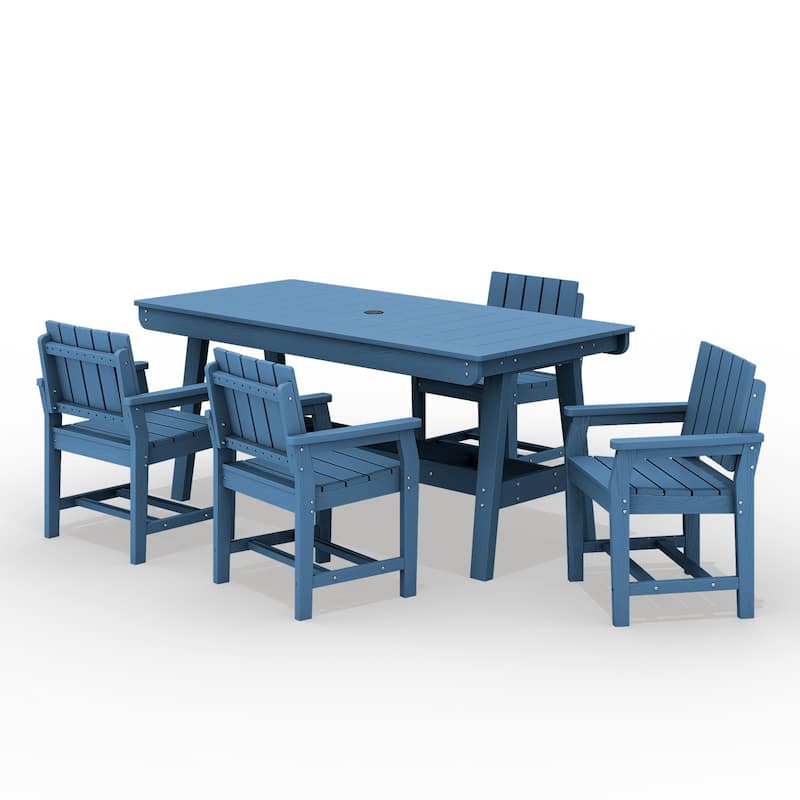 HDPE Patio Dining Set with Rectangular 67.91in W Table with Umbrella Hole and 4 Chairs - N/A - Navy