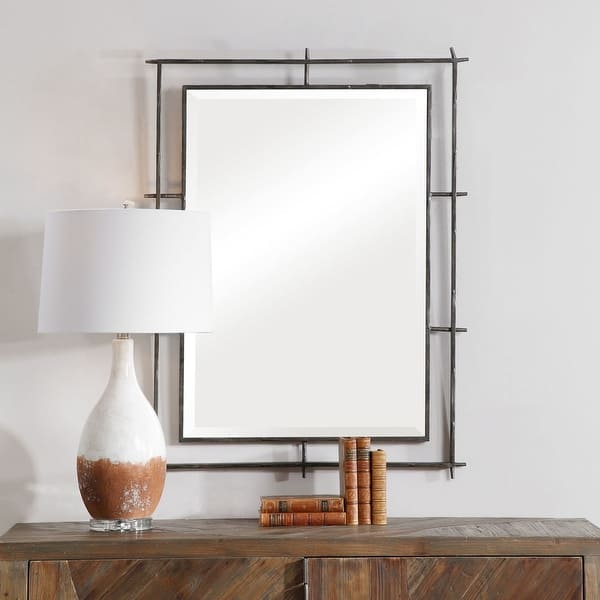 slide 2 of 7, Uttermost Ironworks 41" x 39" Industrial Iron Framed Bathroom Mirror Distressed Deep Ebony