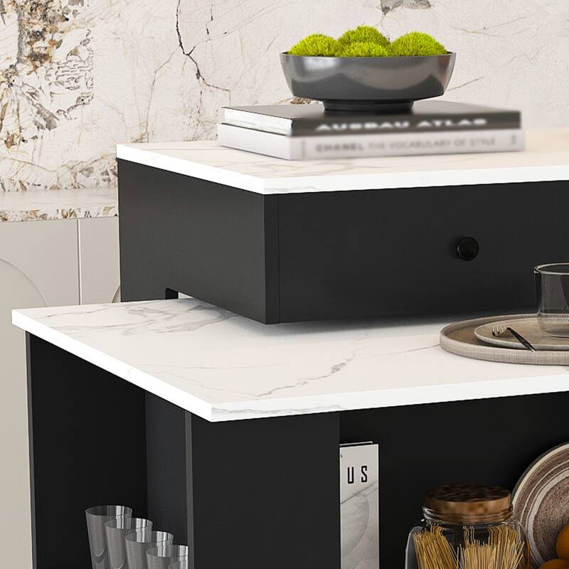 Kitchen Island with Extendable & Rotating Table, Kitchen Table with Power Outlet, 4 Drawers & Glass Door Cabinets