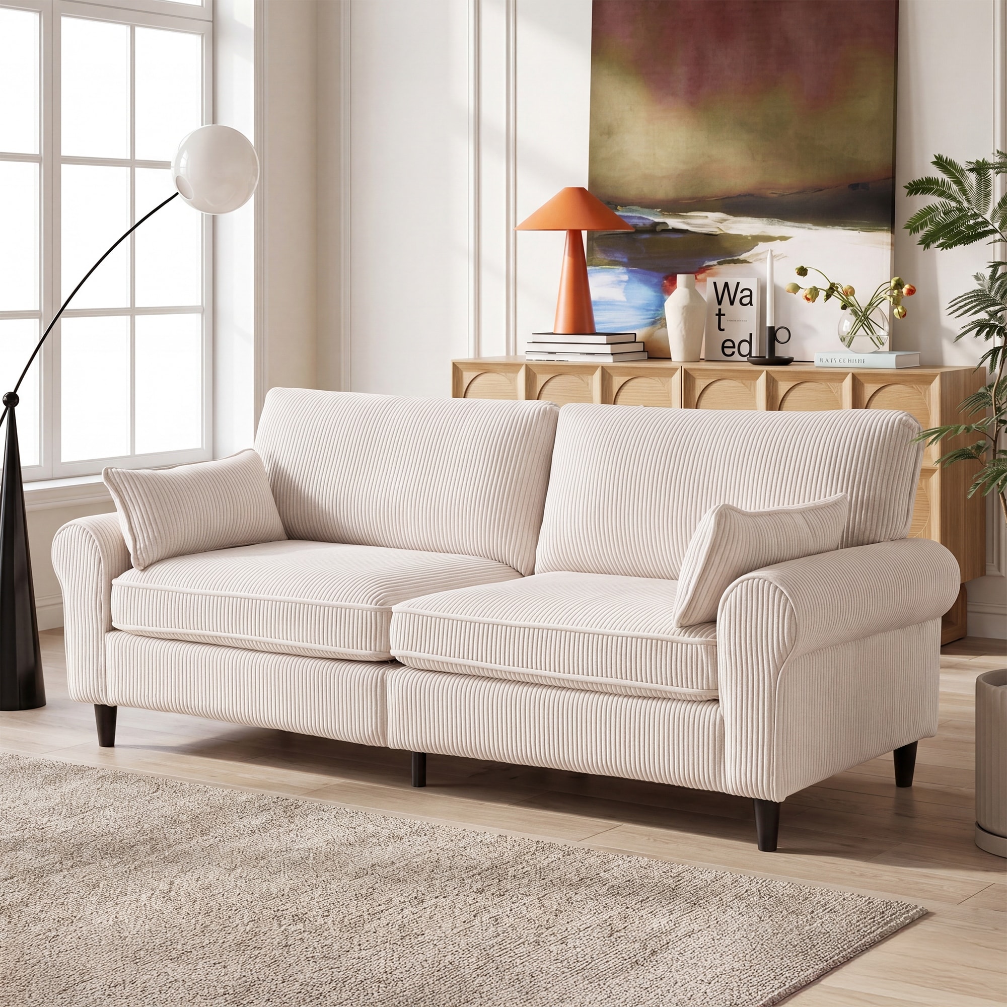 Corduroy Loveseat Sofa 2-Seater Couch with Rolled Armrests, White Modern Upholstered Sofa for Living Room