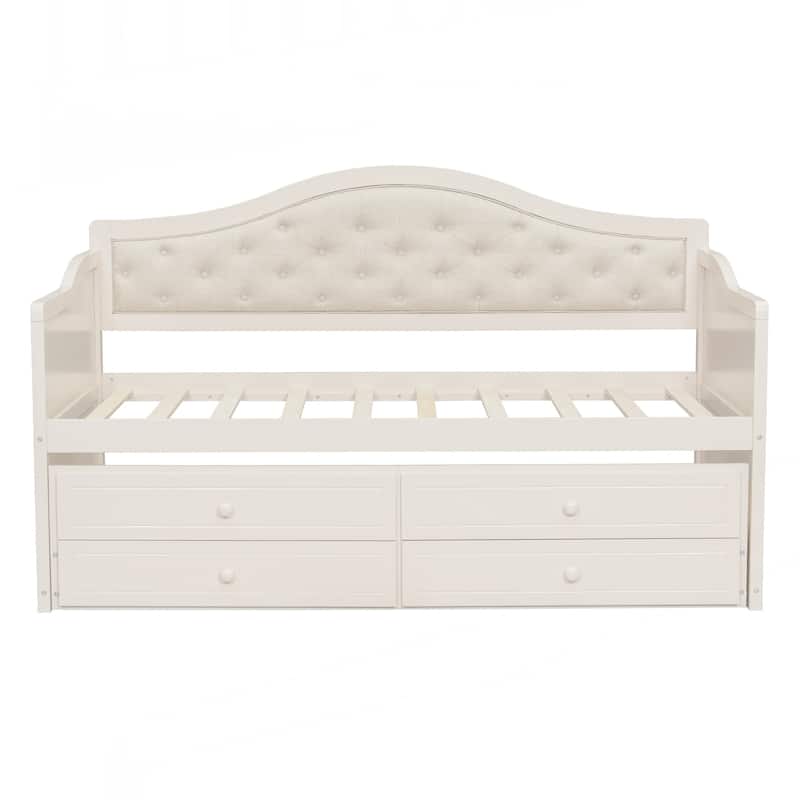 Twin Daybed with Trundle, Twin Size Daybed with 2 Storage Drawers, Wooden Sofa Bed with Upholstered Button Tufted Backrest