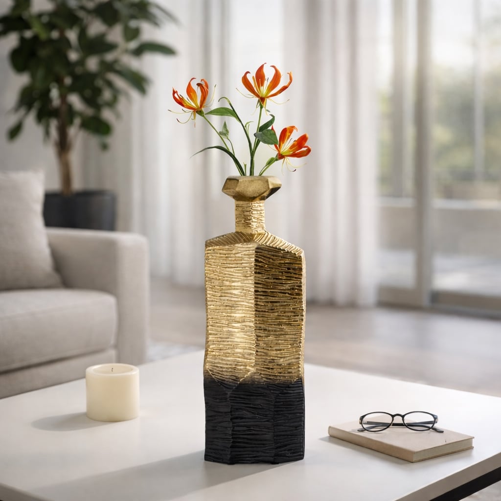 Decorative Vase - Gold/Black Metal Geometric Neck Ridged, 20
