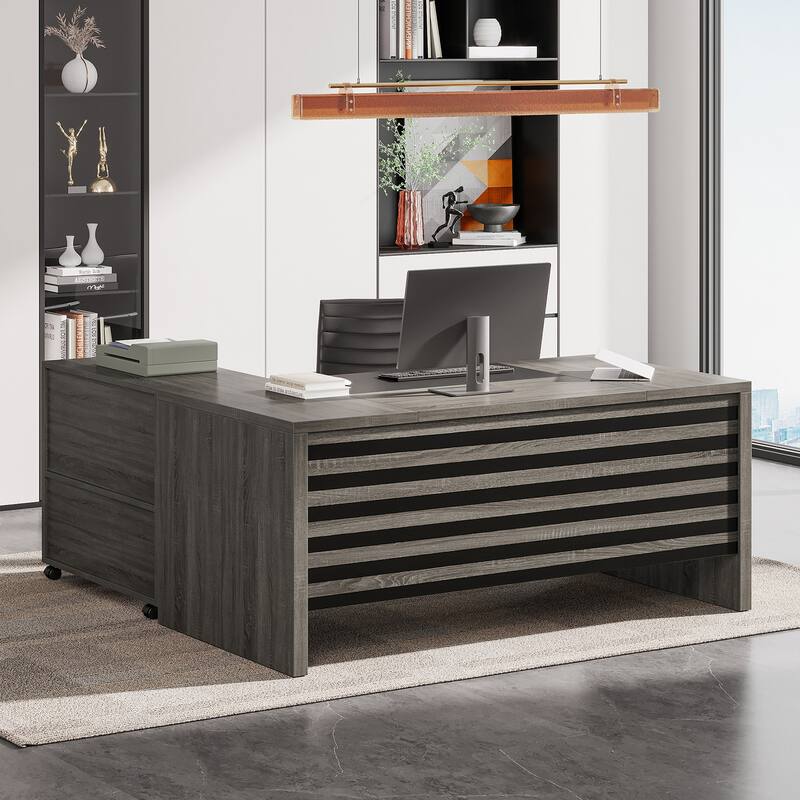 Large Executive Desk with Mobile File Cabinet, 62.2" L-Shaped Office Desk Business Workstation Set - Grey