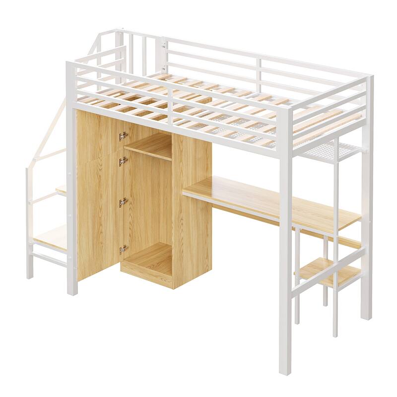 Full-Size Metal Loft Bed with Built-in Wardrobe, L-Shaped Desk, Charging Ports, and Multi-Layer Storage Shelves