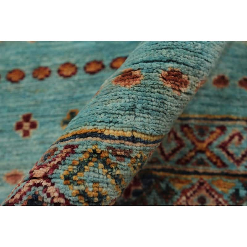 Tribal Khurgeen Dawn Lt. Blue/Orange Hand-knotted Wool Rug - 3'2 x 3'2 - 3'2'' x 3'2''