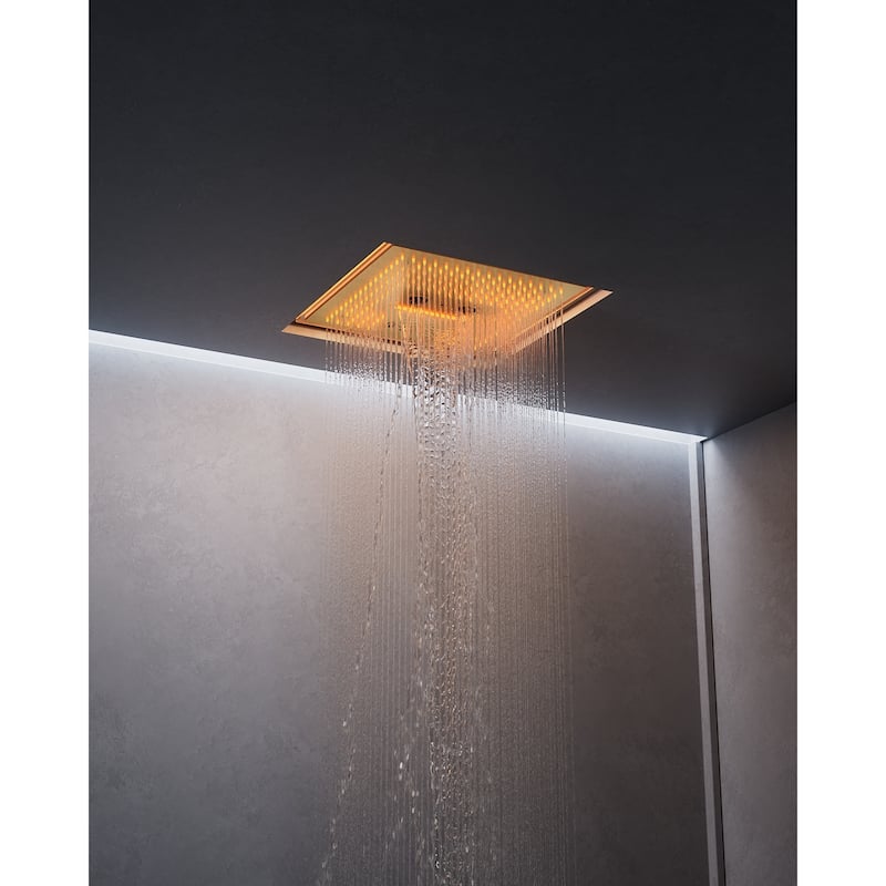 Thermostatic Music Shower System Dual Heads 16" & 6" Rainfall Waterfall LED Shower Head with High Pressure Handheld Spray