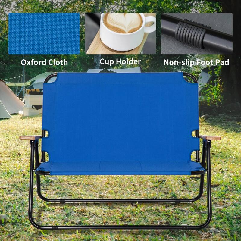 Double Folding Camping Chair, Portable Loveseat, Wood Armrests
