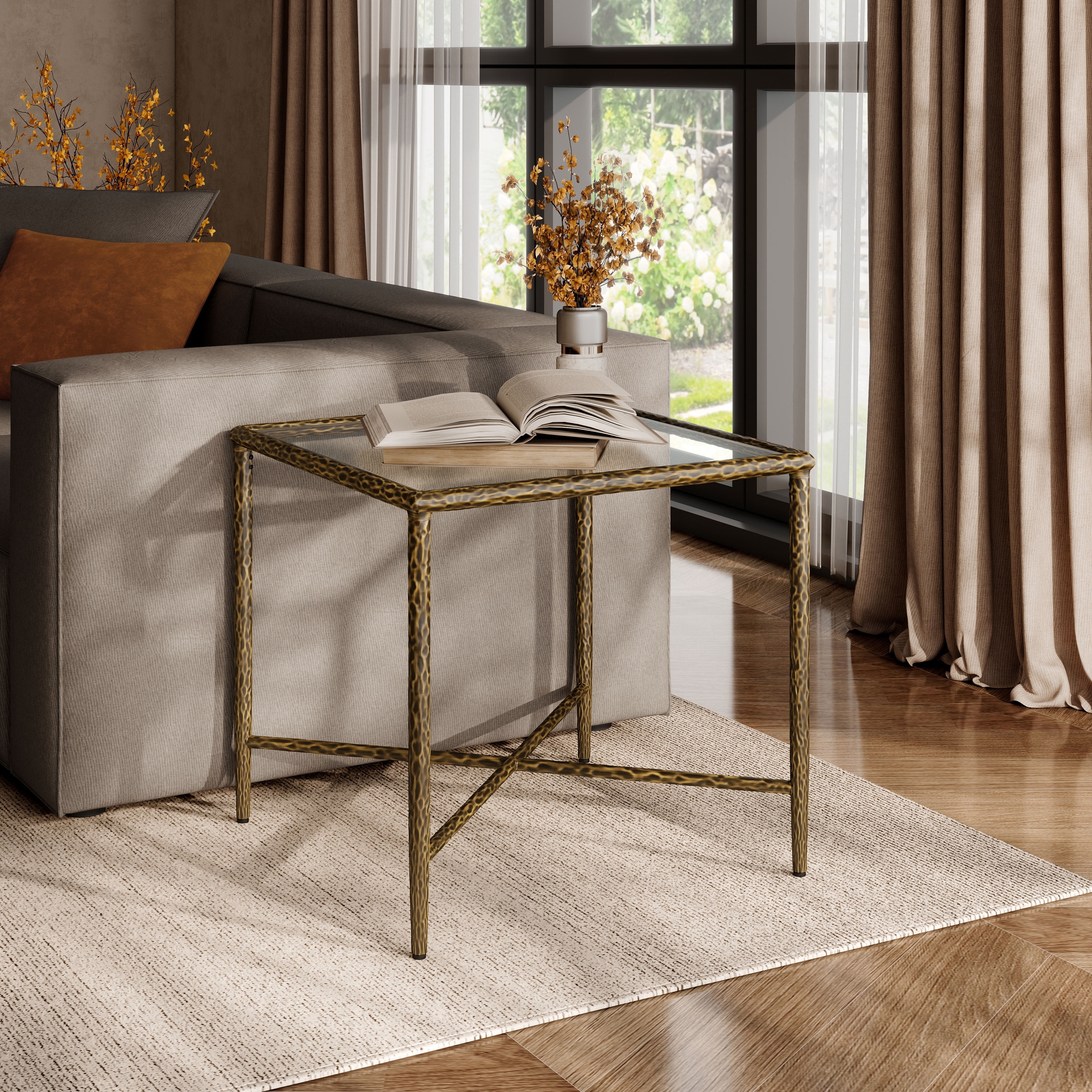 247 Shop At Home Lalia Modern Hammered Metal X-Brace End Table