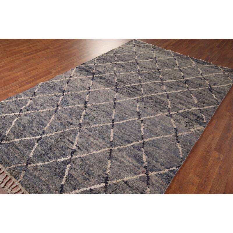 Grays & Blues Trellis Moroccan Area Rug Hand-Knotted Wool Carpet - 6'0" x 9'7"