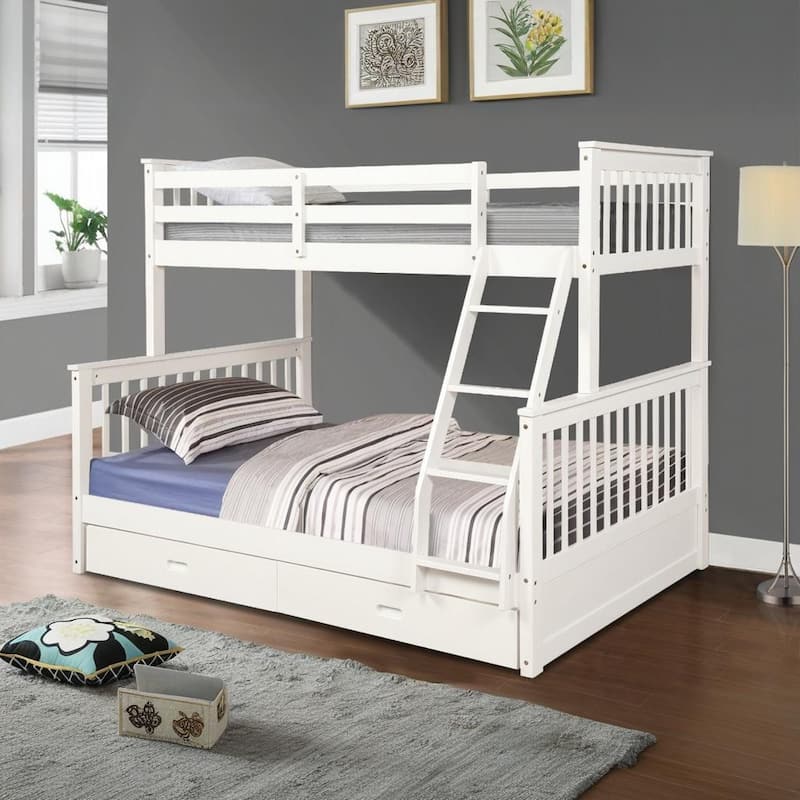 White Twin Over Full Bunk Bed with Storage Drawers, Ladder and Safety Rails - White