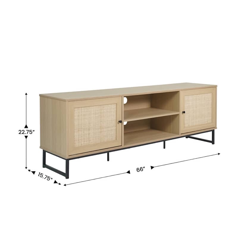 65" TV Stand with Rattan Accented Storage Doors - 66"W x 15.75"D x 22.75"H