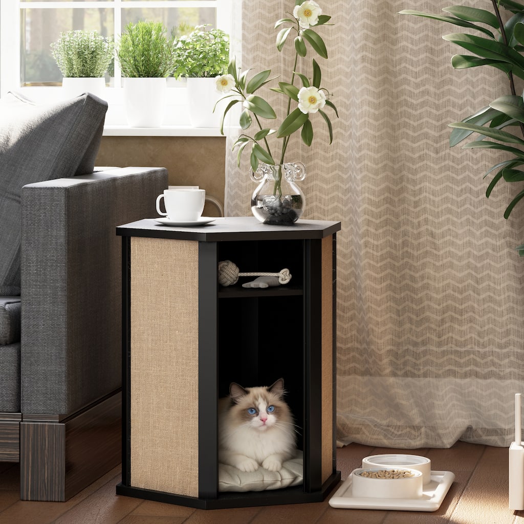 COZAYH Cat House End Table - Hidden Bed, Scratching Panels, Washable Cushion, Easy Clean