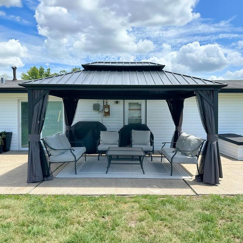 PURPLE LEAF Gazebo Grey Outdoor with Dual-Layer Galvanized Steel Double Roof Aluminum Gazebo with Netting and Curtains