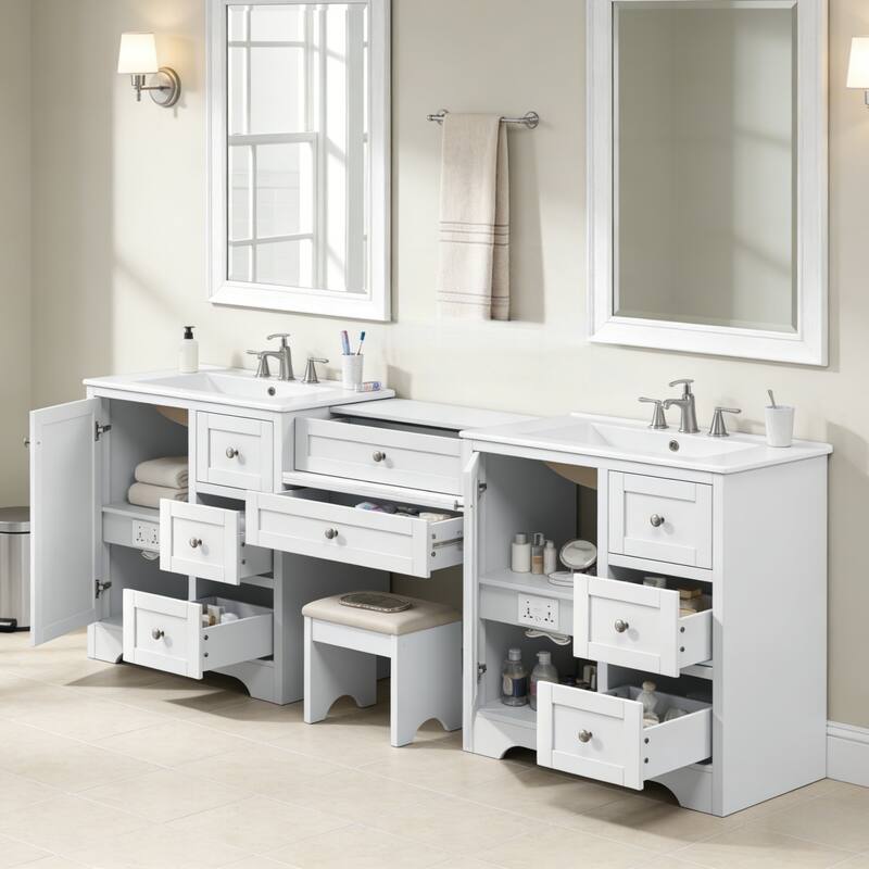 Christopher Knight Home - Wooden 84 Inches Double Sink Bathroom Vanity (Separate Sink) with Engineered Stone Countertop