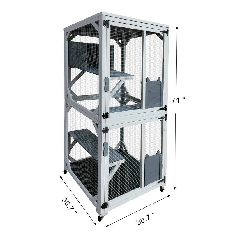 30.7" Wooden Catio Outdoor Cat Enclosure,Luxury Cat House on Wheels with Napping House,4 Platforms & Weatherproof Asphalt Roof
