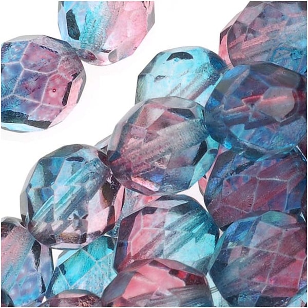 Czech Fire Polished Glass Beads 8mm Round Two Tone Teal/Fuchsia (25)